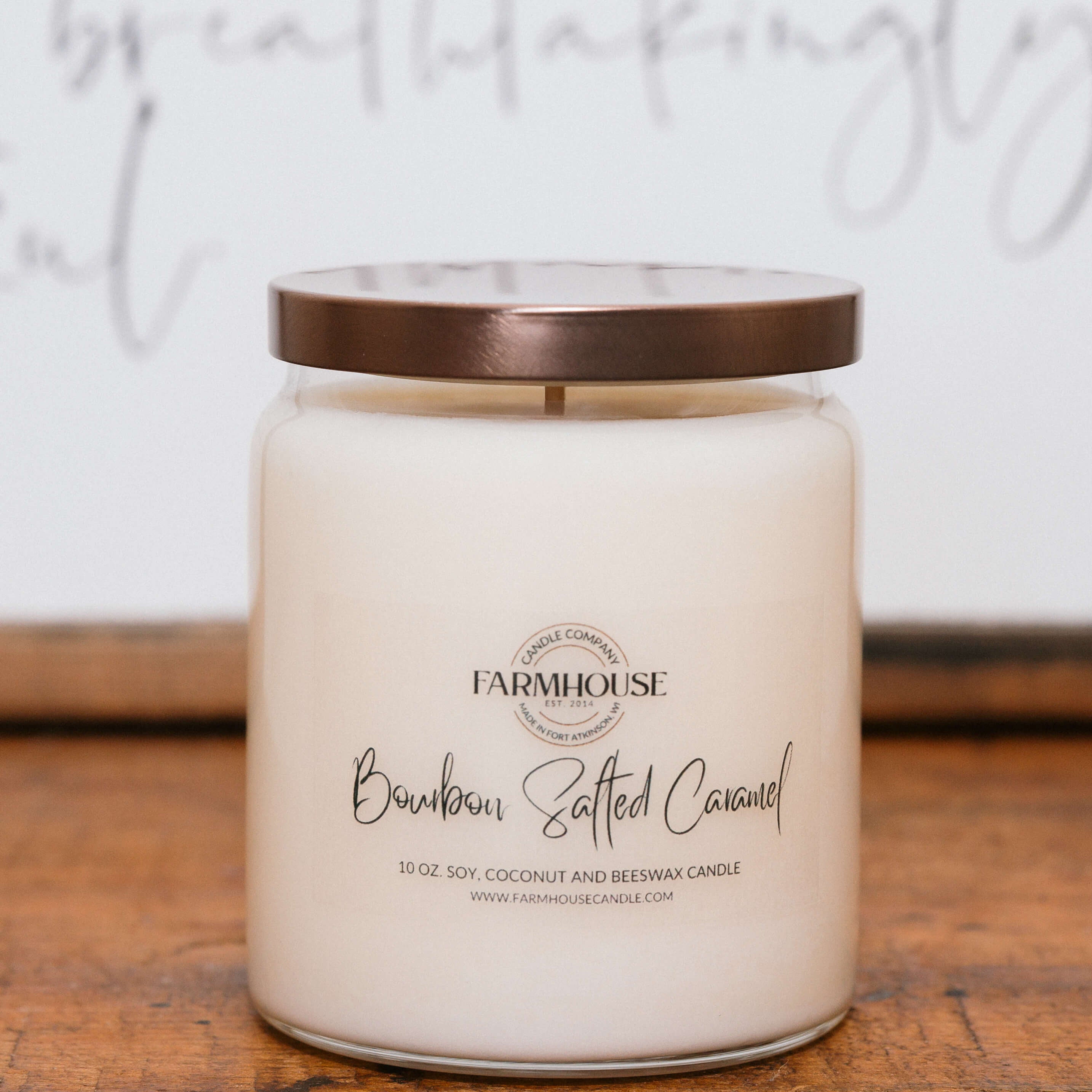 Bourbon Salted Caramel hand-poured soy, coconut and beeswax candle | Farmhouse Candle Company | Wisconsin