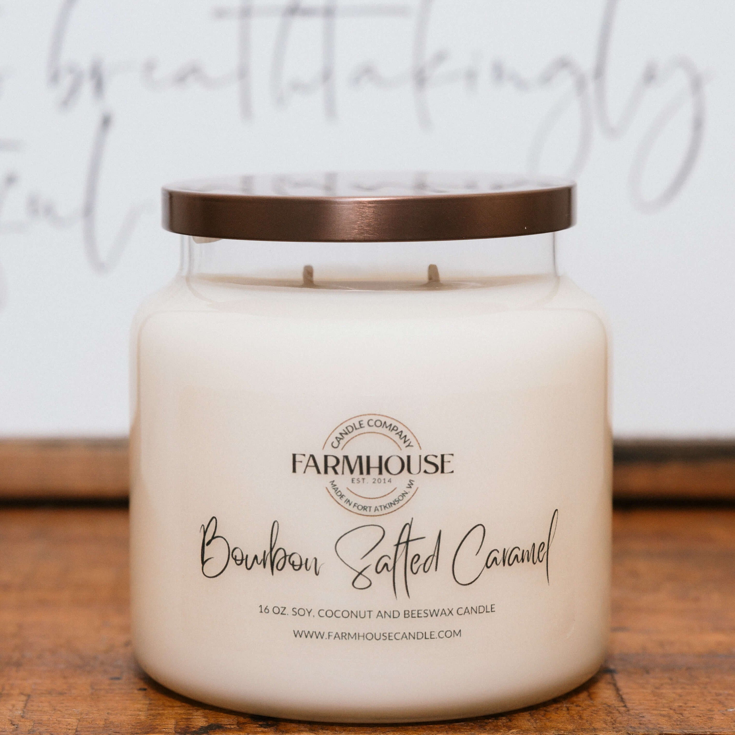 Bourbon Salted Caramel hand-poured soy, coconut and beeswax candle | Farmhouse Candle Company | Wisconsin